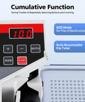 Close-up of Portable Money Counter Machine with 3-digit display showing 100, featuring ADD mode and cumulative function options.