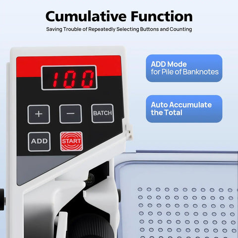 On The Go Money Counter Portable Bill Counter display showing cumulative function buttons and digital screen