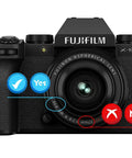 Front view of Fujifilm camera with lens displaying 39mm Lens Cap Covers Snug Fit For Lenses With 39mm Filter Thread, 2 Pack.