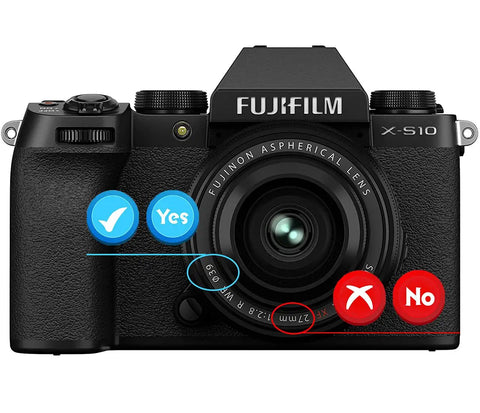 Front view of Fujifilm camera with lens displaying 39mm Lens Cap Covers Snug Fit For Lenses With 39mm Filter Thread, 2 Pack.