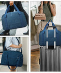 Underseat Travel Duffel With Laptop Compartment And Wet Pocket 25L Carry On Bag That Fits 18x14x8 Inches Under The Seat Duffle Gym Bag For Women And Men Navy Blue carried by people and placed on luggage.