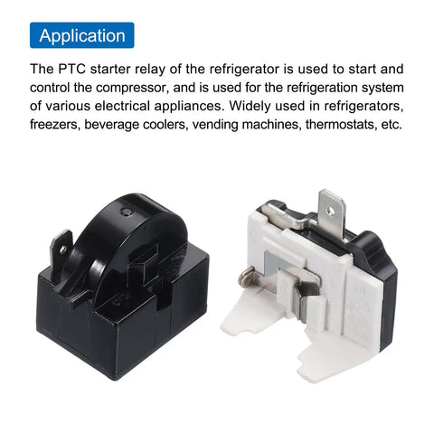 PTC Starter Relay For Refrigerators One Pin Four Point Seven Ohm Overload Protector One Half Horsepower close-up view