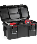 Built Dang Tough 16 Inch Resin Toolbox With Organized Small Parts Tray And Reinforced Padlock Tabs Portable Workshop Equipment For Garage Mechanics And Weekend Projects, open with tools inside.