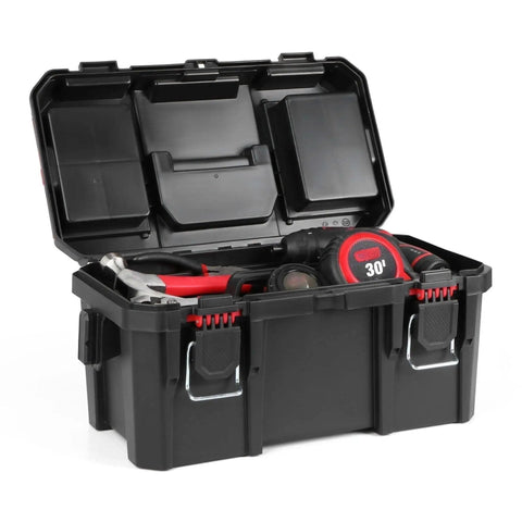 Built Dang Tough 16 Inch Resin Toolbox With Organized Small Parts Tray And Reinforced Padlock Tabs Portable Workshop Equipment For Garage Mechanics And Weekend Projects, open with tools inside.
