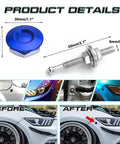 Universal Car Body Panel Push Button Quick Release Fasteners Kit in Blue pictured with dimensions and installed on car bumper