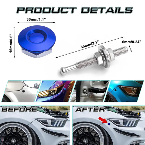 Universal Car Body Panel Push Button Quick Release Fasteners Kit in Blue pictured with dimensions and installed on car bumper