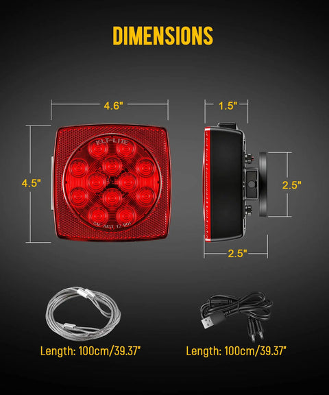 Wireless Magnetic LED Trailer Lights Kit dimensions of 4.5 x 4.6 inches, red square tail lights with USB cable and steel wire details.