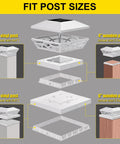 Solar Post Cap Lights 6 Pack For Wood And Vinyl Posts 3.5x3.5 To 5.5x5.5 assembly diagram showing parts and compatible post sizes.