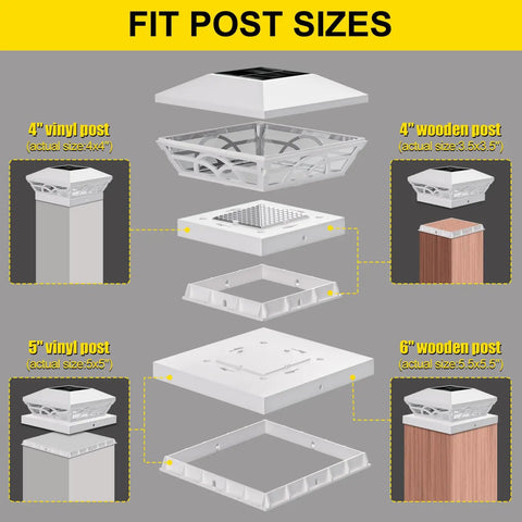 Solar Post Cap Lights 6 Pack For Wood And Vinyl Posts 3.5x3.5 To 5.5x5.5 assembly diagram showing parts and compatible post sizes.