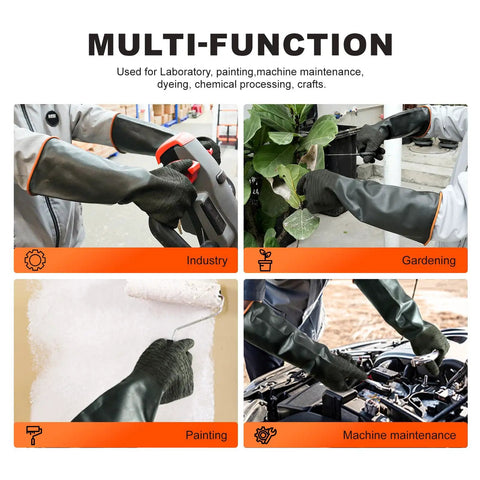 Boss Level Heavy Duty Black Rubber Work Gloves Featuring Advanced Anti Slip Wrinkled Grip used for industrial tasks and gardening.