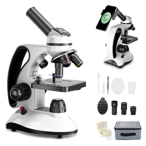 Kids And Adults Microscope Kit With 40X To 2000X Magnification, Dual LED Illumination, All Glass Optics, Cordless Option on display