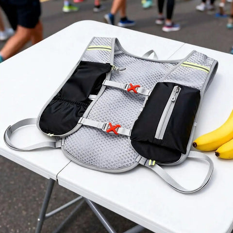 Hydration Backpack For Hiking And Trekking, Outdoor Waterproof Gear, unisex, with adjustable straps on a table next to bananas.