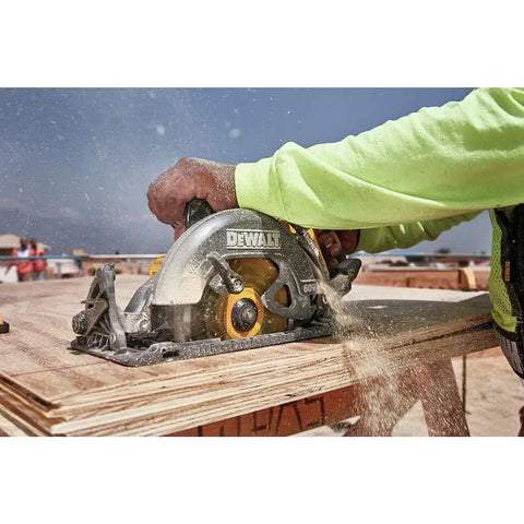 Worker using 60V Max Cordless Circular Saw For Framing 7 1 Quarter Inch Left Blade Tool Only With Electronic Brake Quick Stop
