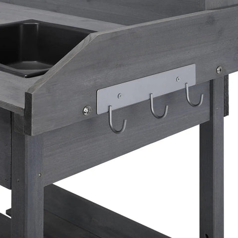 Hooks on Outdoor Potting Bench Table All In One Garden Workstation With Drawer Adjustable Shelf Removable Sink and Pads, Gray Finish