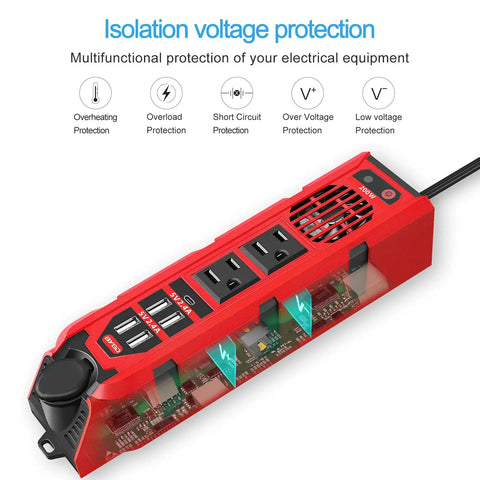 Plug And Play 200W Car Power Inverter Dc 12V To 110V Ac Converter With Dual Outlets Four Quick Charge Usb Ports And Type C Adapter, red design.
