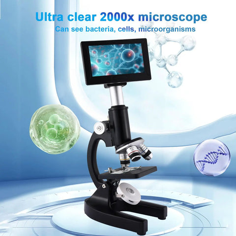 Kid Friendly Microscope With 40X-2500X Magnification, 4.3 Inch Display, showing bacterial cells and DNA, black