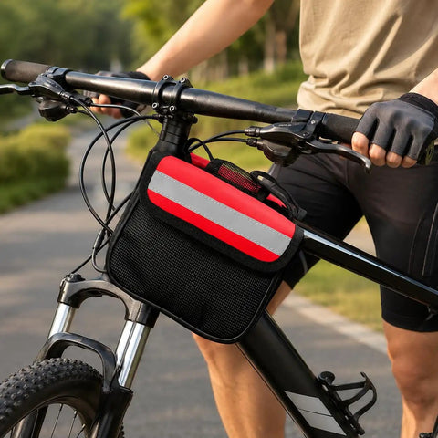 Cyclist using Large Bike Frame Bag For Bikepacking With Rain Cover And Reflective Triangle Bag 16x13x5 CM on mountain bike on trail.