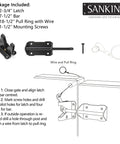 Heavy Duty Gate Latch With Gravity Lever Self Locking Wire Operated Release package including latch, bar, and mounting hardware with installation guide