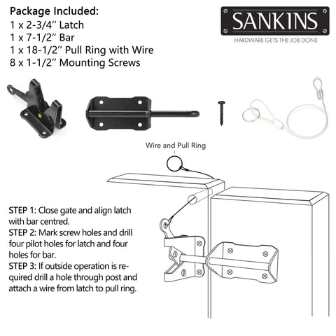 Heavy Duty Gate Latch With Gravity Lever Self Locking Wire Operated Release package including latch, bar, and mounting hardware with installation guide