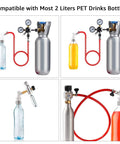 Ball Lock Disconnect Gas Tubing Kit For Soda And Beer Carbonation with stainless steel cap and red tubing in use with bottles