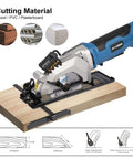 G LAXIA mini circular saw with laser guide on wooden base; includes two 24T blades