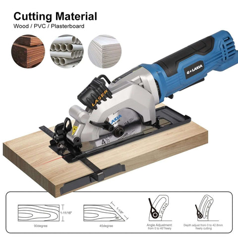 G LAXIA mini circular saw with laser guide on wooden base; includes two 24T blades