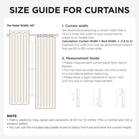 Size guide for Pinch Pleated Blackout Curtains For Bedroom And Living Room, 2 Panels 40 Inches Wide By 84 Inches Long.