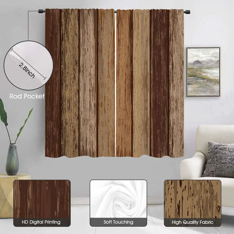 Brown Western Curtains Two Panel Set 42 Inch Wide by 63 Inch Long Dark Rustic Wood Grain Drape installed in cozy living room.
