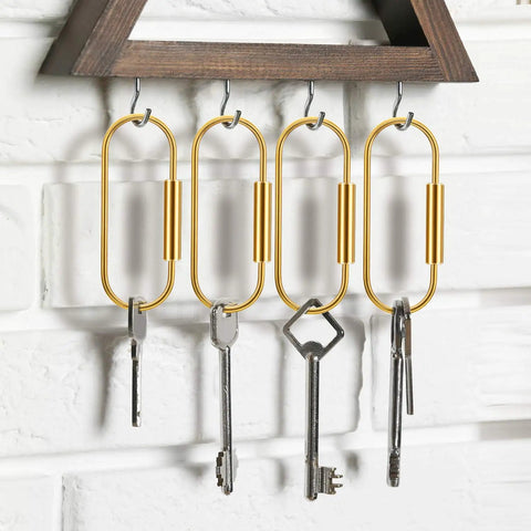 Heavy-Duty Brass Key Ring Clip Set 4 Pcs 3.35in Screw Lock Keychain Carabiner Holders displayed with keys hanging