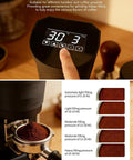 Display of touch screen on Bottomless Hassle Automatic Coffee Tamper Electric Espresso Press 58mm with adjustable pressure settings.