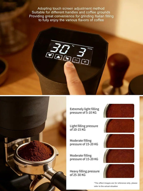 Display of touch screen on Bottomless Hassle Automatic Coffee Tamper Electric Espresso Press 58mm with adjustable pressure settings.