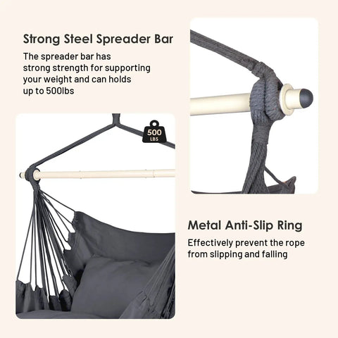 Hammock Chair Hanging Rope Swing With Steel Spreader Bar Anti Slip Rings Handles Up To 500 Lbs Includes Two Cushions Indoor Or Outdoor Use Weatherproof Gray Chill Comfort For Porch Patio Backyard