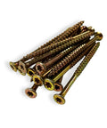 Contractor Favorite Heavy Duty Wood Construction Screws Size Nine By Three Inch with bugle head and yellow zinc coating.