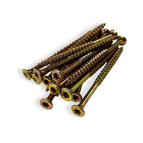 Contractor Favorite Heavy Duty Wood Construction Screws Size Nine By Three Inch with bugle head and yellow zinc coating.