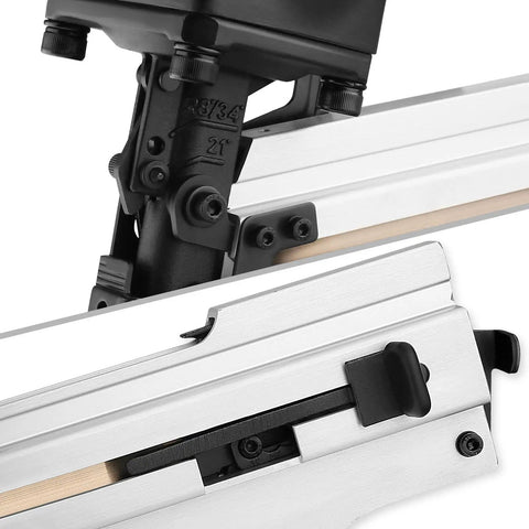 Close-up of Three In One Air Framing Nailer With Adjustable Magazine for 21, 28, 34 degree nails, showing black and silver components