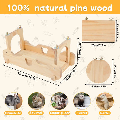 Premium Solid Pine Wood Chinchilla Suspension Bridge and Climbing Ledges, 42.1cm natural wood platforms for rodents.