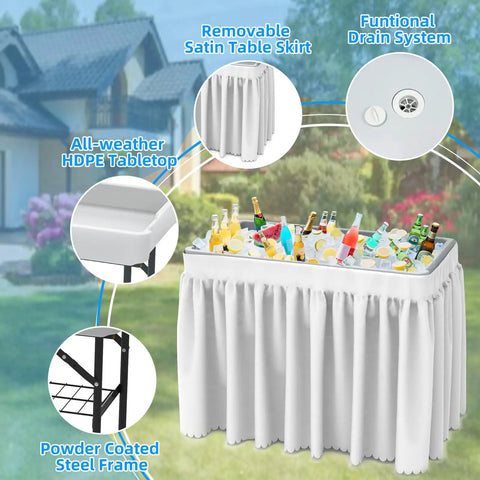 Folding Ice Cooler Table With Skirt And Drain Hose Portable Self Serving Beverage Bar For Parties Picnics Barbecues Outdoor Events White Keeps Drinks Cold On The Go with white satin skirt and drain hose in garden setting.