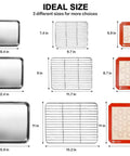 Sizes of 9 Piece Stainless Steel Baking Set With Cooling Racks And Silicone Mats For 10 12 16 Inch Pans Includes 3 Baking Sheets 3 Racks And 3 Mats Fits Regular And Toaster Ovens Easy Clean