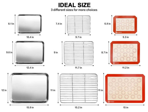Sizes of 9 Piece Stainless Steel Baking Set With Cooling Racks And Silicone Mats For 10 12 16 Inch Pans Includes 3 Baking Sheets 3 Racks And 3 Mats Fits Regular And Toaster Ovens Easy Clean