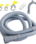 Universal Washing Machine Drain Hose 16.4 Ft With Clamp One And A Half Inch Gray Polypropylene Heavy Duty Corrugated Hose Fits Most Washers Like LG GE Samsung Maytag Whirlpool Easy Install Four Connector Heads with clamps and connectors displayed.
