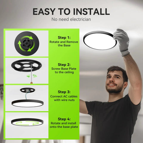 4 Pack Ultra Thin 9 Inch LED Ceiling Light Flush Mount 2800 Lumens 5000K Daylight Undimmable Black Finish installation guide