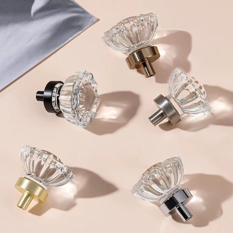 Five crystal cabinet knobs with brushed nickel base, showcasing different finishes for kitchen cabinets and furniture upgrade.
