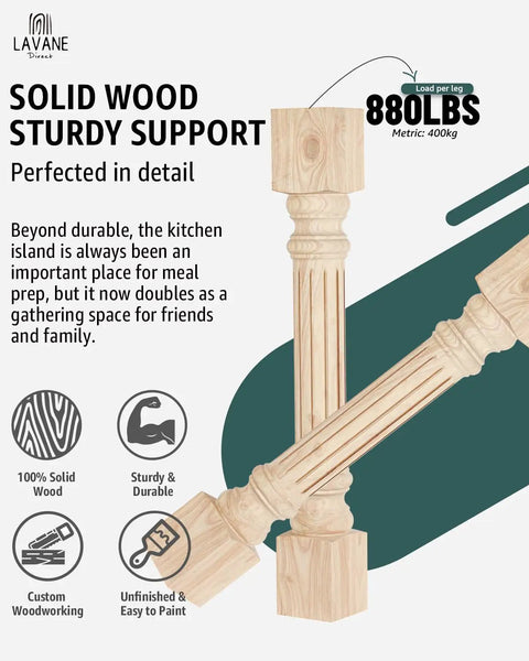 Solid Wood Kitchen Island Legs Set of Two, Thirty Five and a Half Inches High, Five Inches Wide and Deep, fluted design