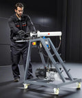 Man using Beast Electric Tube Bender For Home Garage 750W Pipe Bending Machine With 6L Hydraulic Cylinder Movable Bender on casters