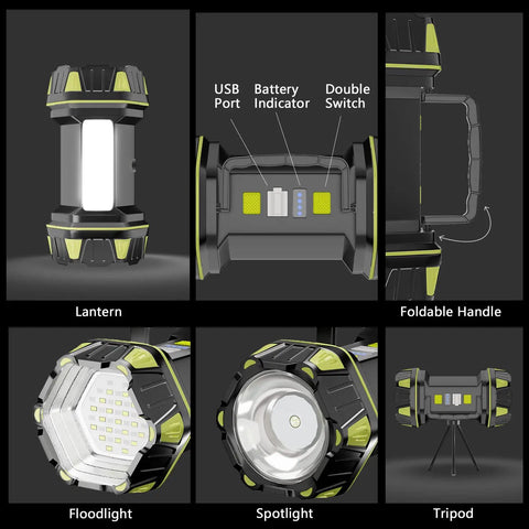 Beast Mode LED High Power Rechargeable Flashlight Lantern With 8 Modes For Outdoor Use Waterproof Spotlight And Camping Lantern 4800mAh Emergency USB Cable Included showing lantern, spotlight, and floodlight features.
