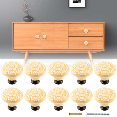 Cool Light Yellow Ceramic Drawer Knobs 10 Piece Bundle Comes With Solid Mounting Hardware displayed on dresser.