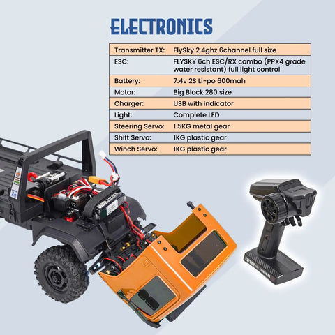 Six Wheel 6x6 RC Rock Crawler V1.5 1/18 Scale All Terrain Off Road with FlySky radio and exposed electronics, tan