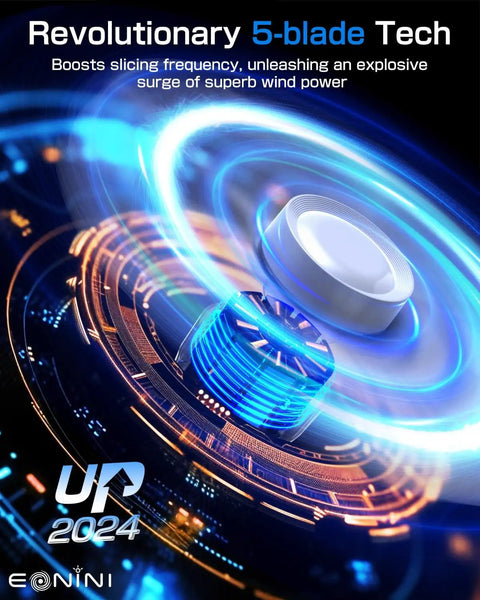 Illustration of 5-blade technology in ceiling fan with blue light effect, showcasing airflow dynamics and power for enhanced performance.