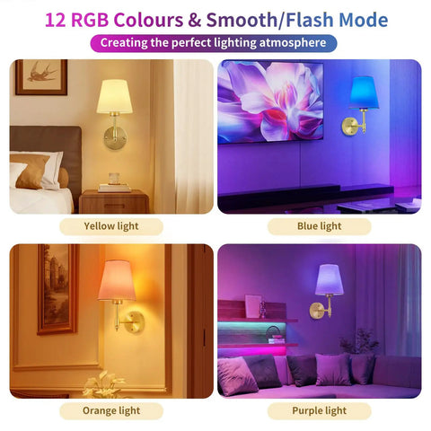 Wireless Rechargeable Wall Sconce Set Of Two Featuring Smart Remote Control Zero Wire Drama in yellow, blue, orange, and purple lighting.