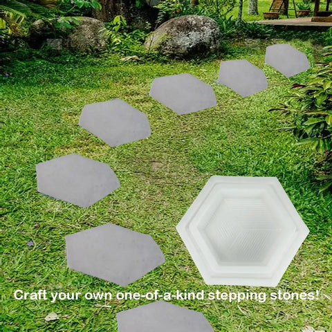 Hexagon Stepping Stone Molds Set Two Size Reusable Cement Molds For Concrete Large 5.9 Inch Hex Side With Smooth Base Small 4.7 Inch With Striped Textured Bottom DIY Garden Path Pavement Molds on a grassy garden path